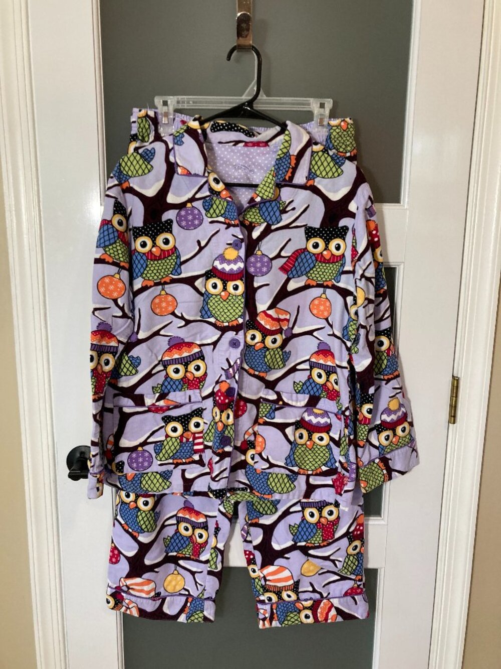 Nick & Nora Owl Print Flannel Pajamas Cozy Purple Winter Set - Christmas - M